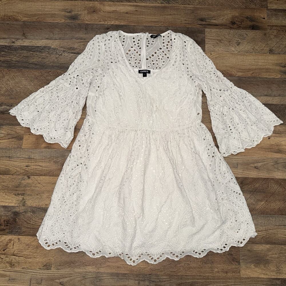 Express Flare Sleeve Eyelet White Summer Dress Size Large